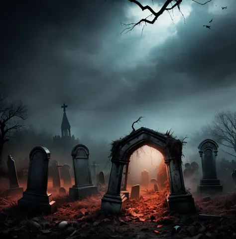 (masterpiece:1.2), (best quality,:1.2), 8k, HDR, ultra detailed, ((photorealistic)), professional light, cinematic lighting, fashion photography, ambient lighting, background, a dark and sinister gothic graveyard, open! graves, broken coffins, Darkness, <l...