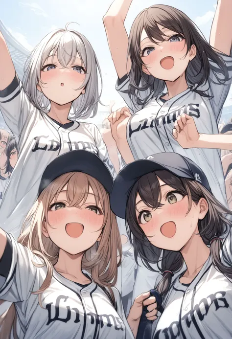 multiple girls, <lora:sdxl2-flat2-512b:-1>,medium breasts,
<lora:seibuXLv2:0.6>,seibu,baseball uniform, clothes writing, short sleeves,miniskirt, white jacket, open clothes, open jacket,shirt,cheering,
from below, upper body, looking up, open mouth,
master...