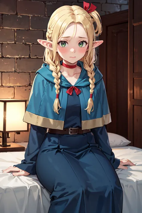 masterpiece,best quality,highres,ultra-detailed,marcille donato,elf,pointy ears,long hair,twin braids,hair ribbon,red choker,blue capelet,robe,long dress,blue dress,long sleeves,red ribbon,belt,wide sleeves,skirt,pants,pants under skirt,<lora:marcille_dona...