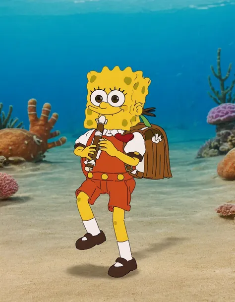 (swsb-style:1.3), (spongebob, playing recorder, ocean floor, reef background:0.9)