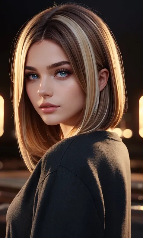 lbobh2024, 1 girl, best quality, masterpiece, photorealistic, raw image. cinematic lighting, long bob hairstyle, brown hair, blonde streaked hair, brazilian girl,