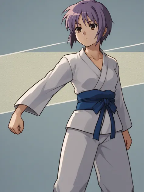 score_9, digital art,
1girl, nagato yuki, purple hair, short hair, brown eyes,
standing,
expressionless,
judo, karate, gi, sash,
<lora:nagato autismmix_Confetti 40x40 Prodigy__cosine_dim8_sv_fro_dp0.9:0.6>