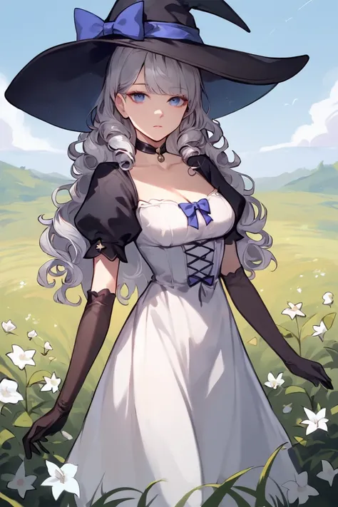 score_9, score_8_up, score_7_up, 1girl, witch hat, hat, solo, long hair, flower, dress, choker, puffy sleeves, looking at viewer, grass, white dress, bow, hat bow, white hair, black choker, plant, outdoors, blue eyes, purple eyes, black headwear, bangs, lo...