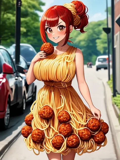 smile, walking,  Bubble Ponytail with Elastic Bands, (portrait photo:1.3) huge gigantic breasts, sp4gh3tt1_dr3ss, dress made of spaghetti pasta and meatballs, holding meatballs, carrying meatballs, eating, <lora:sp4gh3tt1_dr3ss-13:0.8>, best quality, high ...