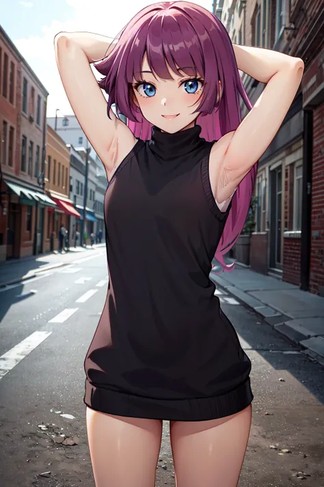 masterpiece,best quality,highres,ultra-detailed,aaromin,long hair,bangs,<lora:kirishima_romin:0.7>,(sweater:1.2),(turtleneck:1.2),street,smile,standing,(sleeveless:1.4),arm_behind_head,arms_up,cowboy shot,no pants,