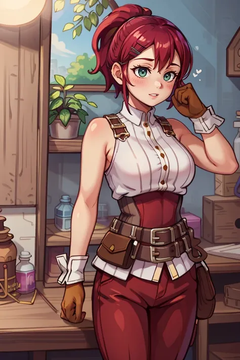 <lora:PAseer-SD15-LCM Quick:1>
 <lora:Sylvia_Potionomics:1> sylvia_potionomics, green eyes, red hair, hairclip, ponytail, short hair, large breasts, brown gloves, belt, pouch, white shirt, sleeveless, pants, 
<lora:Bush - colored_pubic_hair_lyco_goofy:1> c...