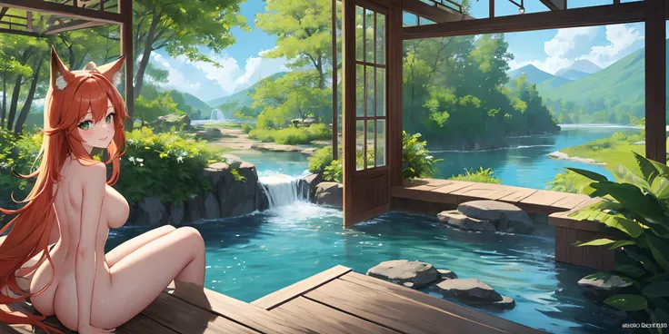 nsfw, 4k, outstanding scenery, flawless, clean, masterpiece, professional artwork,forest, lake, waterfall, sitting,(fox girl:1.1), 1girl, orange hair, looking at viewer, smile, green eyes,indoors,window, large breasts,  lush vegetation, small water spring,...