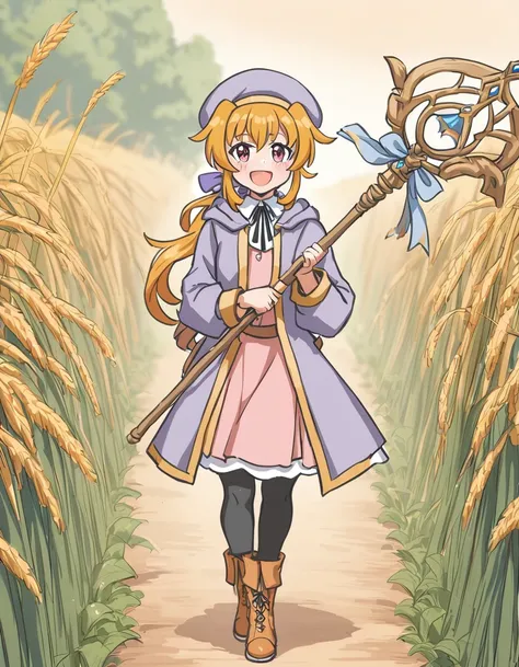 1girl,eleanor,solo,walking through cornfield,medieval farm,pink dress,purple jacket,hat,beret,ribbon,ponytail,neck ribbon,black pantyhose,boots,standing,full body,holding staff,happy,:d,  <lora:EleanorXL-000105:0.7>