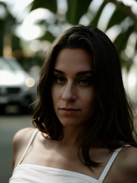 cinematic film still ((ohwx woman)), a (((Realistic))) Full Portrait Photo of a realistic woman in a photoshoot theme, natural lighting, simple background, shirt straps, vogue, focus, confident, staring, poised, focused, looking to the side, detailed eyes,...