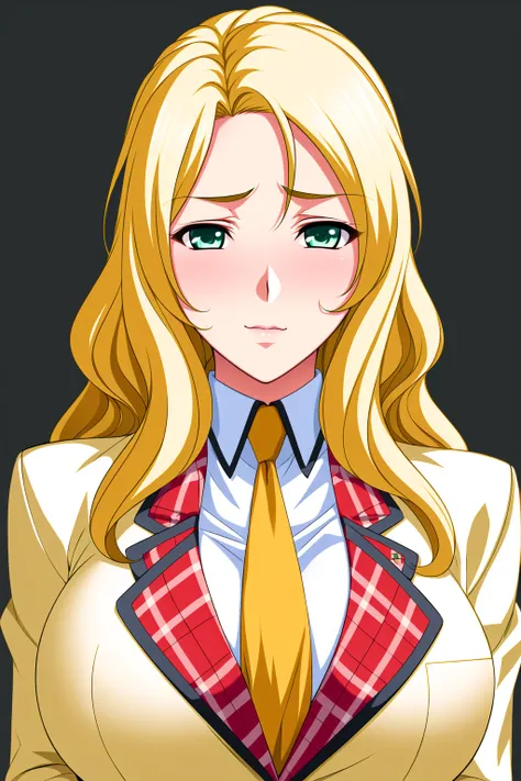 Simple White Background,
school uniform,long sleeves,blazer, necktie,
<lora:Yuzuki_Honjou_KyouikuShidou-KK77-V1:0.7>,
Green eyes, blonde hair,bangs,Long hair,
<lora:Oda_Non_Style-KK77-V2:0.3>,<lora:more_details:0.1>,
1 girl, 20yo,Young female,Beautiful lon...