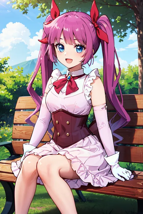 masterpiece,best quality,highres,ultra-detailed,ccromin,long hair,twintails,bangs,magical girl,pink dress,sleeveless,elbow gloves,white gloves,corset,ribbon,skirt,pantyhose,socks,high heels,<lora:kirishima_romin:0.7>,outdoors,bench,sitting,:d,