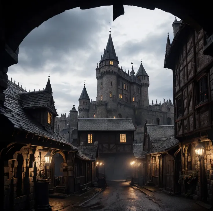 (masterpiece:1.2), (best quality,:1.2), 8k, HDR, ultra detailed, ((photorealistic)), professional light, cinematic lighting, fashion photography, ambient lighting, background, a dark medieval street leading to (a gothic castle on a hill),  Darkness, <lora:...