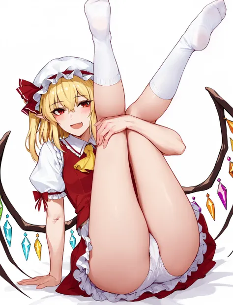 score_8_up, score_7_up, score_6_up, score_5_up, score_4_up, BREAK high quality, highres, source_anime, score_9, 1girl, flandre scarlet, hat, solo, blonde hair, underwear, red eyes, wings, mob cap, open mouth, fang, bloomers, skirt, white headwear, red skir...