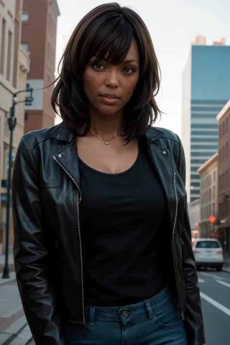 <lora:mondongo_LoRA_AishaTyler:1> mndngwmn, bangs, (ultra realistic, 8k,high quality),(medium shot), wearing a leather jacket, on a city downtown