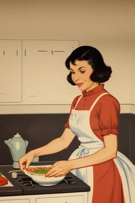 <lora:nooneaskedforthis:1> nooneaskedforthis, illustration of a housewife making dinner