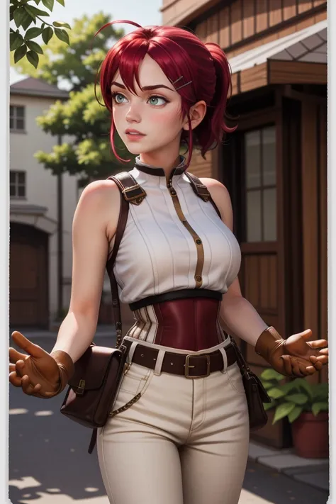 <lora:PAseer-SD15-LCM Quick:1>
<lora:Sylvia_Potionomics:1> sylvia_potionomics, green eyes, red hair, hair between eyes, ahoge, hairclip, ponytail, short hair, large breasts, brown gloves, belt, pouch, white shirt, sleeveless, pants,