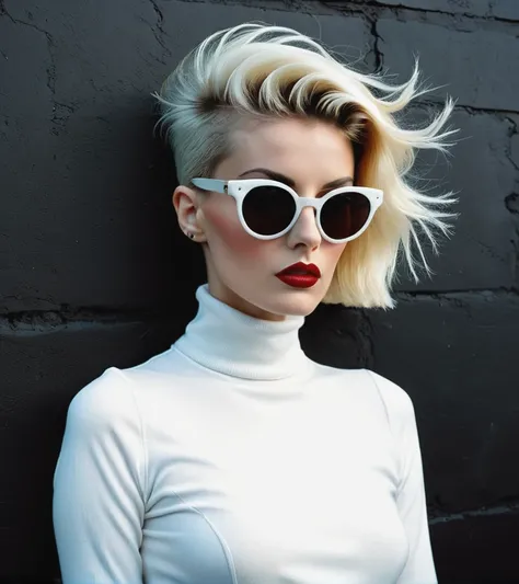 front profile half body Photography, in front of black wall, a punk 80s British model woman with 50s haircut, in a white turtleneck dress and large sunglasses, 80 degree view, art by Sergio Lopez , Natalie Shau, james jean and salvador dali