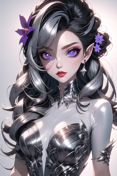 <lora:wrenchsilverserenade:1>, wrenchsilverserenade, 1girl, gown, parted lips, half updo, red lips, (slit pupils:1.2), (pointy ears:1.2), purple eyes, purple hair, silver (metal) dress, hair flower, (white background:1.5),