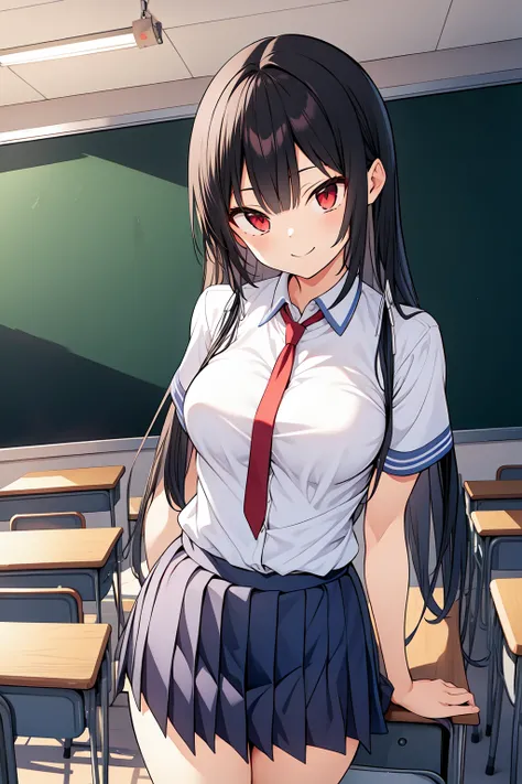 1girl, cowboy shot, classroom, smile, 
takamine_takane, red eyes, black hair, long hair, hair ribbon, necktie, school uniform, collared shirt, white shirt, short sleeves, pleated skirt, <lora:takamine_takane_lora_ver2:0.7>, best quality, masterpiece, highr...