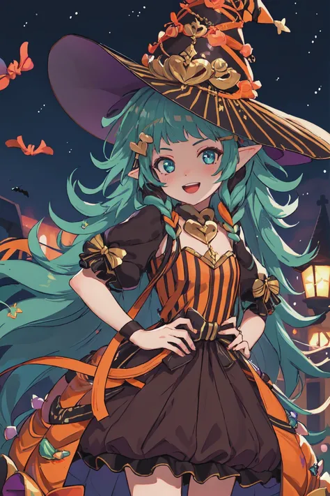 masterpiece, best quality, 1girl, cowboy shot, looking at viewer, smile, open mouth, <lora:SothisFE3H-FEH:0.9> hlwnSothis, very long long hair, hair ornament, witch hat, dress, striped, short sleeves, hair ribbon, pointy ears, outdoors, halloween night