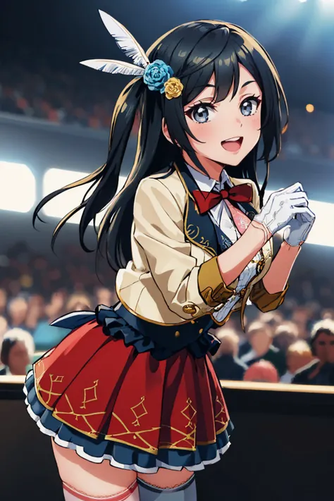 (masterpiece, best quality:1.2), solo, 1girl, yuukiidol, :d, teeth, looking at viewer, leaning forward, one side up, feather hair ornament, hair flower, yellow jacket, cropped jacket, red bowtie, white gloves, red skirt, mismatched legwear, thighhighs, con...