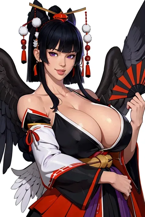 masterpiece,best quality,extreme detail,8k,white background,<lora:nyotengu:0.6>,nyotengu2,1girl,solo,breasts,looking at viewer,smile,bangs,large breasts,simple background,black hair,hair ornament,hat,cleavage,bare shoulders,purple eyes,detached sleeves,jap...