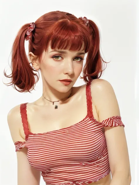 gquality, <lora:oreiro-10:1> oreiro, 1girl, solo, looking at viewer, bangs, simple background, white background, bare shoulders, twintails, underwear, upper body, red hair, striped, blunt bangs, off shoulder, bra, striped shirt, realistic, red bra, necklac...