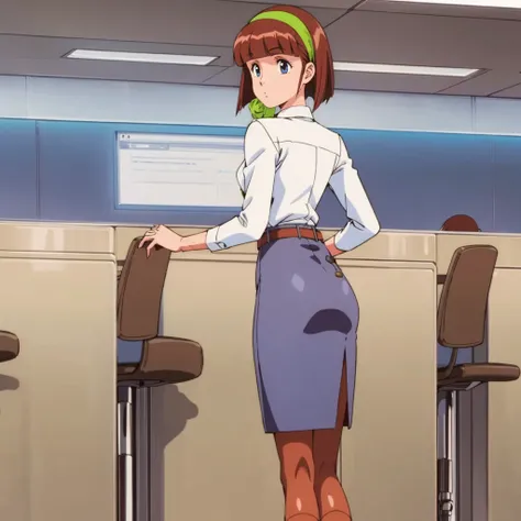 <lora:Naoko001:0.7>,looking back,
Naoko,1girl,bob cut,brown hair,freckles,solo,
green hairband,
green hairband,
white collared shirt,
belt,pencil skirt,
pantyhose,
full body,