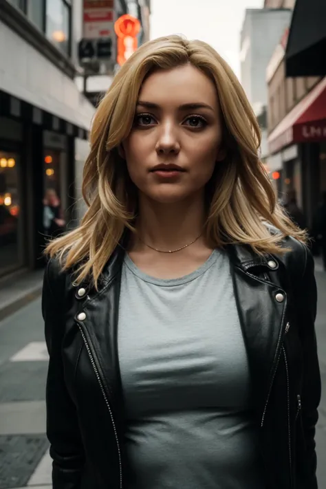 <lora:mondongo_LoRA_PeytonList_v2:1> mndngwmn, blond hair, (ultra realistic, 8k,high quality),(medium shot), wearing a leather jacket, on a city downtown