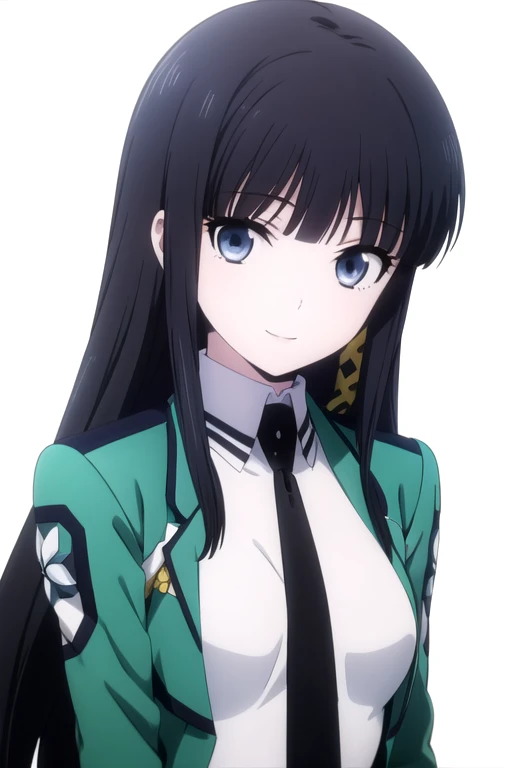 solo, 1girl, looking at viewer, 2D, anime, anime coloring, upper body, (solid white background:1.3), <lora:miyuki-mahouka:0.8>, miyuki shiba, school uniform, jacket, necktie, looking at viewer, smile