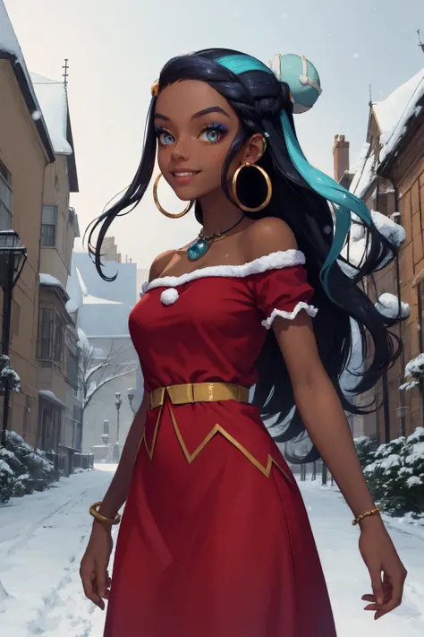 masterpiece, best quality, solo, 1girl, nessaholiday, dark skin, makeup, smile, looking at viewer, standing, single hair bun, fur trim, red dress, short sleeves, hoop earrings, necklace, bracelet, bare shoulders, snowing, outdoors <lora:pokemon_nessa_v2-00...