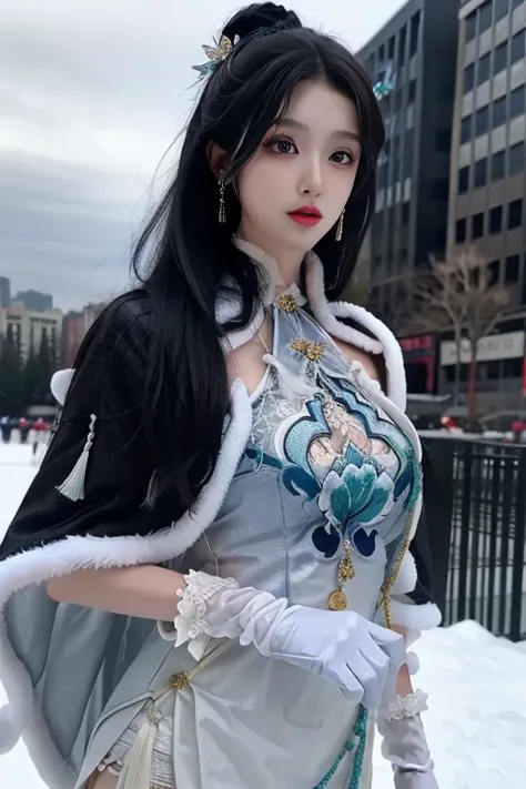 ltra-detailed,highly detailed,best quality,masterpiece,illustration,realistic,photorealistic,
guqinghan,cangyugezhu, 1girl, solo,
chinese clothes, china dress, gloves, fur trim, side slit, cape, shawl,
jewelry, earrings, tassel,
black hair, long hair, hair...