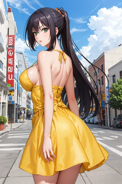 masterpiece, best quality, <lora:kzseraphim-nvwls-v1-000009:0.9> kzseraphim, ponytail, yellow sundress, from behind, large breasts  <lora:edgChamYellowSundress:1> edgYSD,woman wearing a yellow sundress