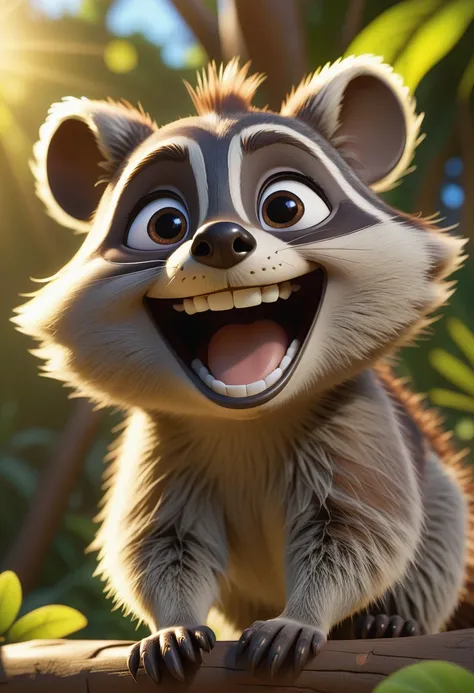 pixar character ,pixar style,a raccon ,happy ,cute smile, sunshine, in paradise, very detailed face(best quality), (masterpiece), (best lighting), (high detailed skin:1.0),( detailed eyes), 8k uhd, dslr, soft lighting, best quality, film grain, Fujifilm XT...