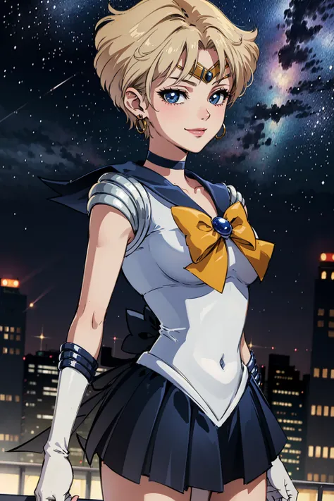 masterpiece, best quality, 1girl, solo, looking at viewer, looking at viewer, anime screencap,1990s (style), (art by Naoko Takeuchi), rooftop, city, cityscape, night sky, skyscraper ,<lora:EPsmSailorUranus-09:1>, EPsmSailorUranus, short hair, blonde hair, ...