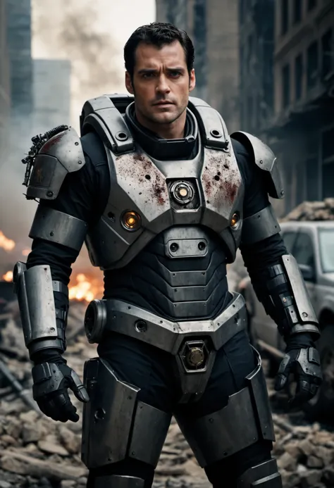 cinematic film still, darkly moody professional photograph,   (man in intricately detailed heavy duty mech suit,  pistons, armor plating, heavy weapons:1.4) , black hair, stubble, grim expression, (dirty face:1.4), (henry cavill|hugh jackman:1.3), (sweaty,...