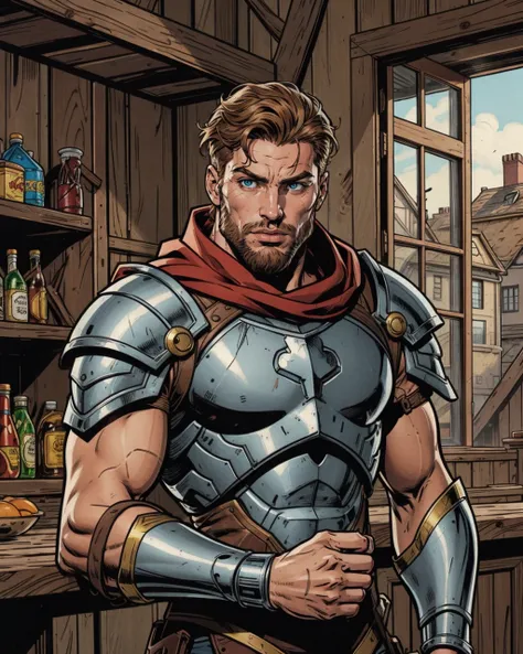 comic artwork of a rugged man, full beard, armor, royal knight, tabard, tavern interior background, epic, dynamic shadows, cinematic lighting, daylight, warm summer day, <lora:detail_slider_v4:1.25>, <lora:colorify:0.5>, upper body, crosshatching, 2D, Shar...