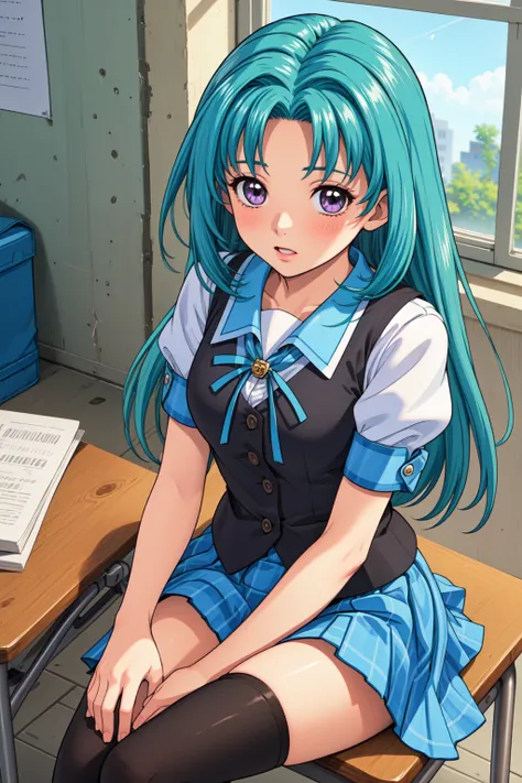 masterpiece, best quality, 1girl, solo, <lora:AkiyamaMiho_v1:0.75>, school classroom, sitting, school uniform, purple eyes, short sleeves, blue sleeve ends, (black vest:1.2), green ribbon, brooch, teal hair, very long hair, blue skirt, pleated skirt, (plai...