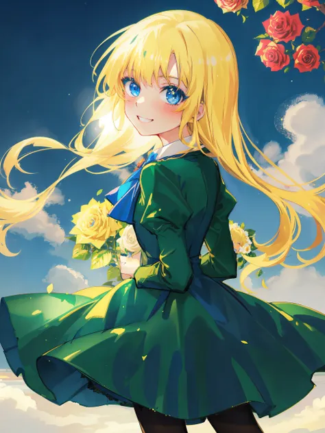 <lora:Mary2:0.8> MaryGuer, blue eyes, green dress, black pantyhose, blonde hair, 1girl, upper body, grin, looking at viewer, blush, flower, rose, outdoors, night, star (sky), looking back, best quality, masterpiece, highres, high quality, holding flower