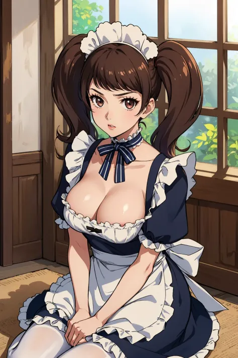 masterpiece, best quality, 1girl, solo, looking at viewer, breasts, mature female, collarbone, <lora:skp5-guy-v2:1>, skp5, twintails, bangs, maid, maid headdress, choker, frills, apron, cleavage, short sleeves, maid apron, dress, white pantyhose, indoors, ...