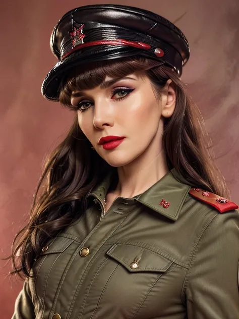 gquality, <lora:oreiro-10:1> oreiro, 1girl, solo, looking at viewer, medium hair, bangs, hat, jacket, upper body, blunt bangs, uniform, military, military uniform, peaked cap, red background, realistic, makeup, eyeshadow, eyelashes, lipstick