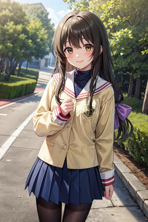 masterpiece,best quality,highres,ultra-detailed,ibuki fuuko,long hair,low-tied long hair,bangs,hair bow,hikarizaka private high school uniform,yellow jacket,white sailor collar,turtleneck,shirt,long sleeves,blue skirt,black pantyhose,loafers,<lora:ibuki_fu...