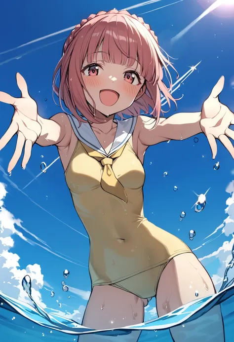 1girl, aikawa aika, purerill summer, solo, open mouth, smile, water, wading, looking at viewer, day, yellow swimsuit, outstretched arms, outdoors, small breasts, covered navel, blue sky, yellow neckwear, :d, eyebrows visible through hair, crown braid, brow...