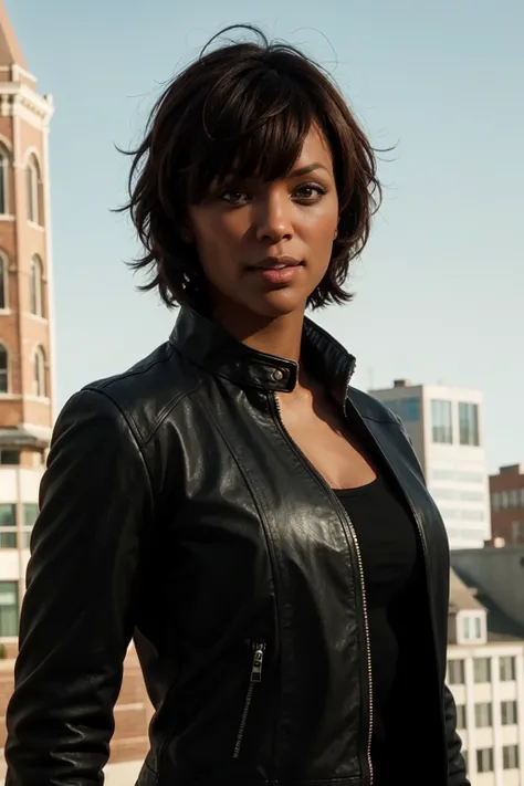 <lora:mondongo_LoRA_AishaTyler:1> mndngwmn, bangs, short hair, (ultra realistic, 8k,high quality), wearing a leather jacket, on a city downtown