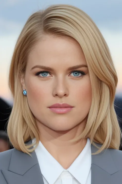 head shot, close-up, portrait of Alice_Eve woman busty celebrity Alice Eve, dirty blonde, with highlights,  hair British woman with blue eyes. light brown roots, straight flat hair, slight freckles a woman with a black business suit, looking at the camera ...