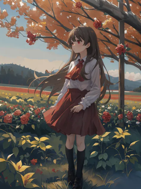 <lora:Ib2:0.8> IbG, 1girl, white shirt red skirt, black footwear, 1girl, black legwear, full body, looking away, outdoors, flower field, rose, night, masterpiece, high quality, highres, absurdres, wind, autumn