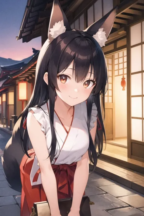 A low-fi, overexposed Polaroid snapshot of a smiling girl with fox ears wearing a red hakama and a miko outfit, with black hair, taken with a flash, in a shrine in Japan, with a sunset, on a cobblestone path, with a street light, and slightly out of focus.