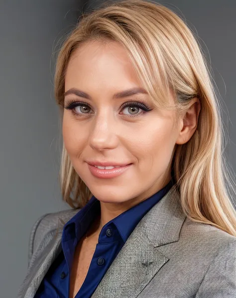 , realistic, <lora:quiron_NikkyThorne_v1_lora:0.87> NikkyThorneQuiron,, skin pores, perfect iris,  perfect eyes,  serious, portrait, linkedin, grey background, dressed in business casual. Semi-formal, tailored, smart, professional