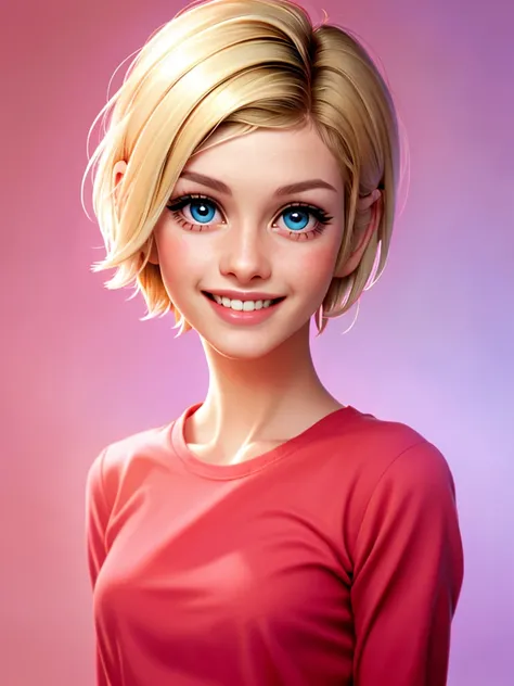 Realistic photo of a beautiful tw1ggy woman,1girl,solo,looking at viewer,smile,blonde hair,(((very short hair))),blue eyes,simple background,teeth,grin,lips,pink background,red shirt,realistic,soft lighting, professional Photography, Photorealistic, detail...