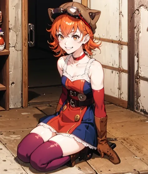 masterpiece, anime screencap, 1 girl, solo, smile, teeth, blushing, orange hair, ((brown cat cap)), googles on head, red chocker, purple dress, stripped elbow gloves, stripped thighhighs, gloves, boots, sitting, full body, workshop, indoors,  <lora:Lu:1>